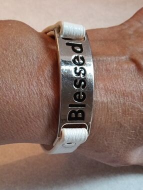 Blessed Silver-tone Plate White Leather Bracelet